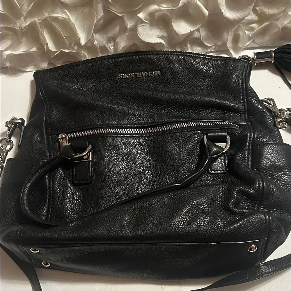Michael Kors Black Pebbled Leather Shoulder Bag with Silver Hardware
